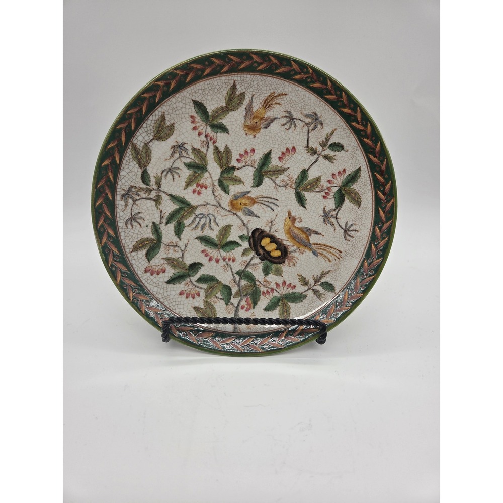 WL 1895 Decorative Plate 10 inch Green Bird Nest Crackle Glaze Home Decor